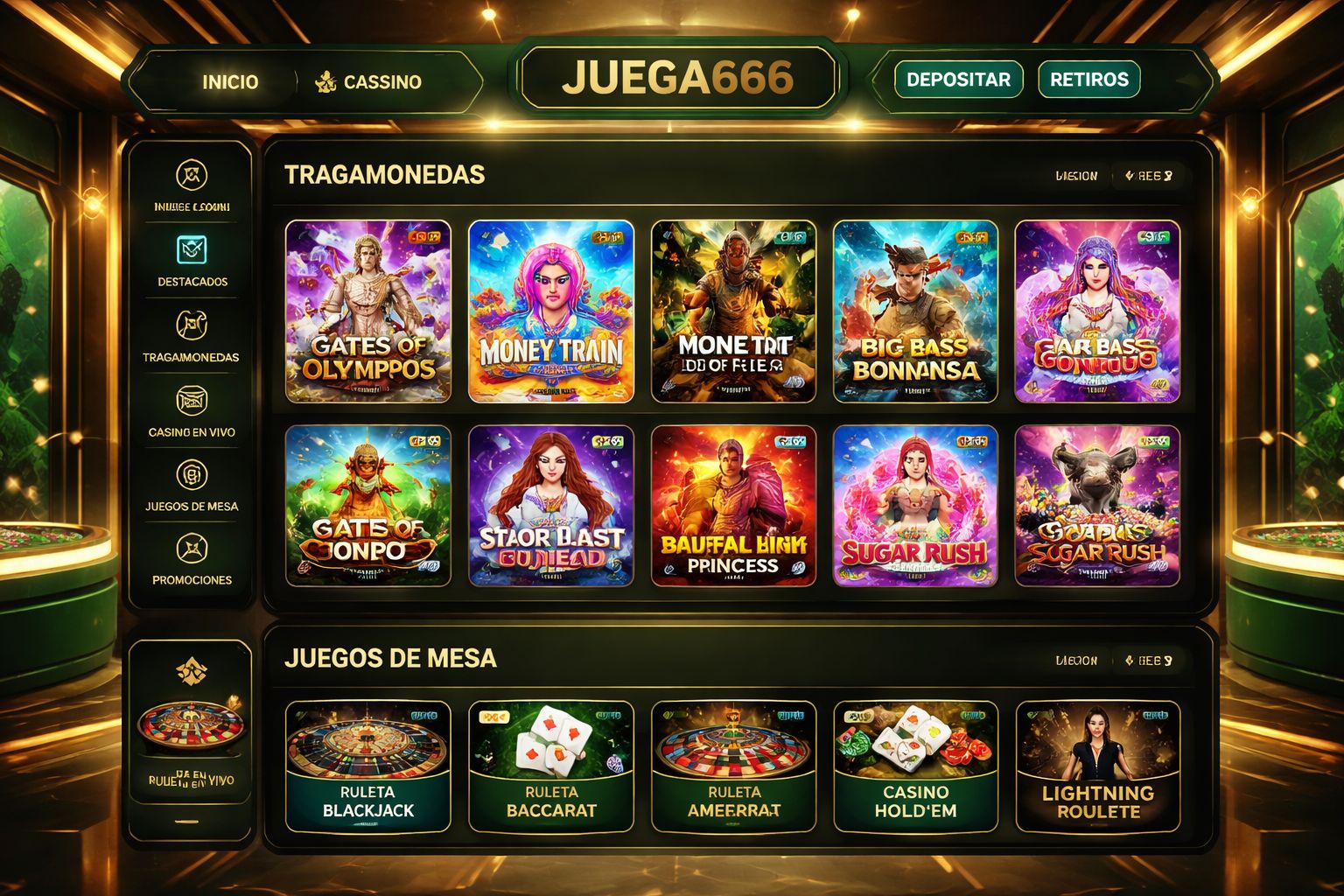 Vista de la plataforma JUEGA666 Casino con categorías de juegos organizadas
