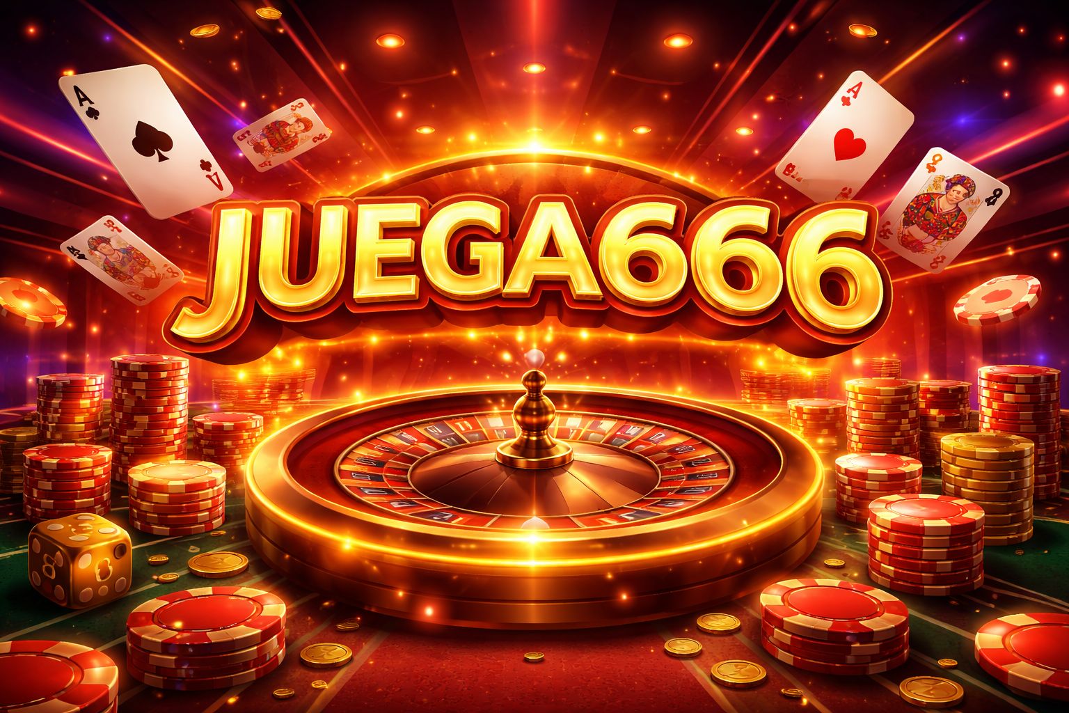 Una escena audaz estilo casino con señalización luminosa JUEGA666, cartas para jugar, fichas y elementos de juego iluminados.