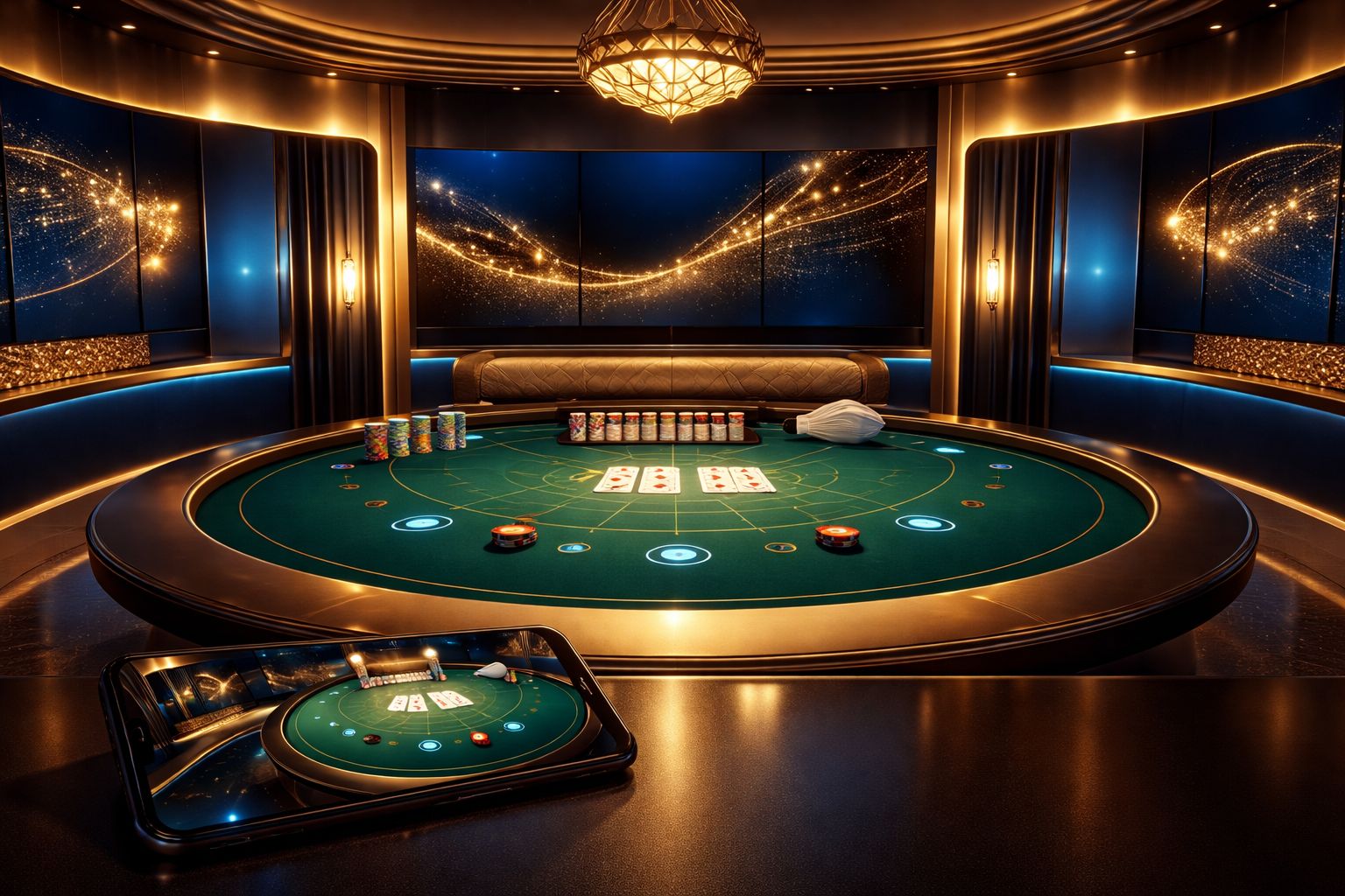 Un estudio moderno de casino en vivo con una mesa de blackjack pulida, pantallas brillantes y un dispositivo móvil mostrando juego en tiempo real.
