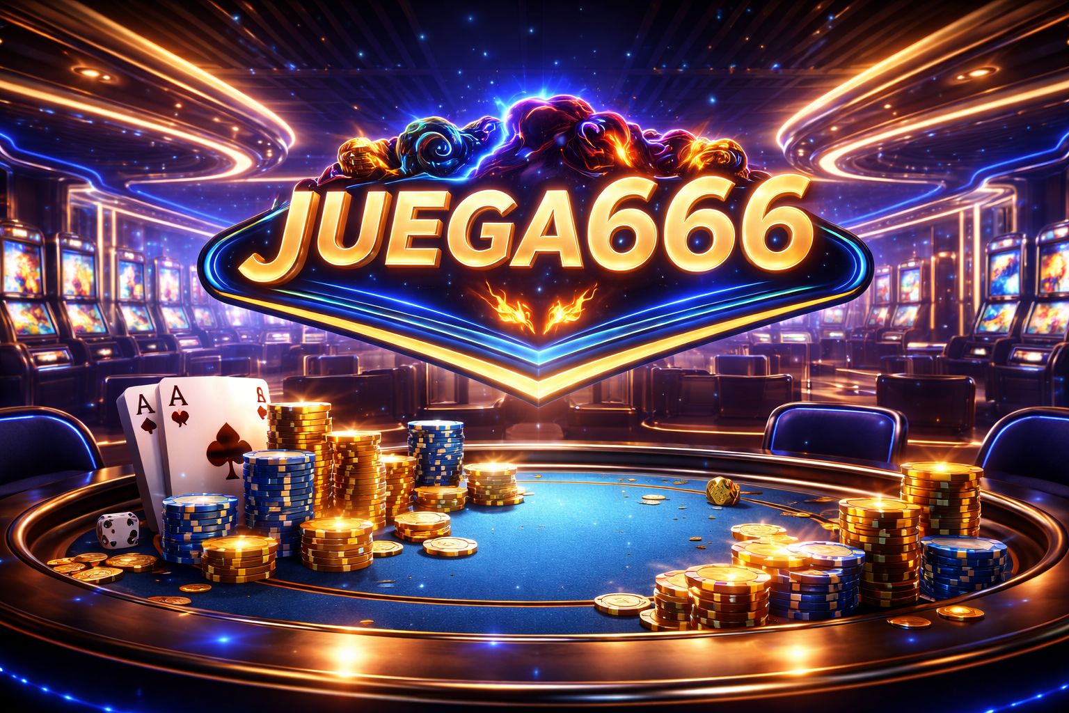 Un vibrante salón digital de casino con señalización luminosa de JUEGA666, monedas, cartas y luces de juego en un ambiente festivo.
