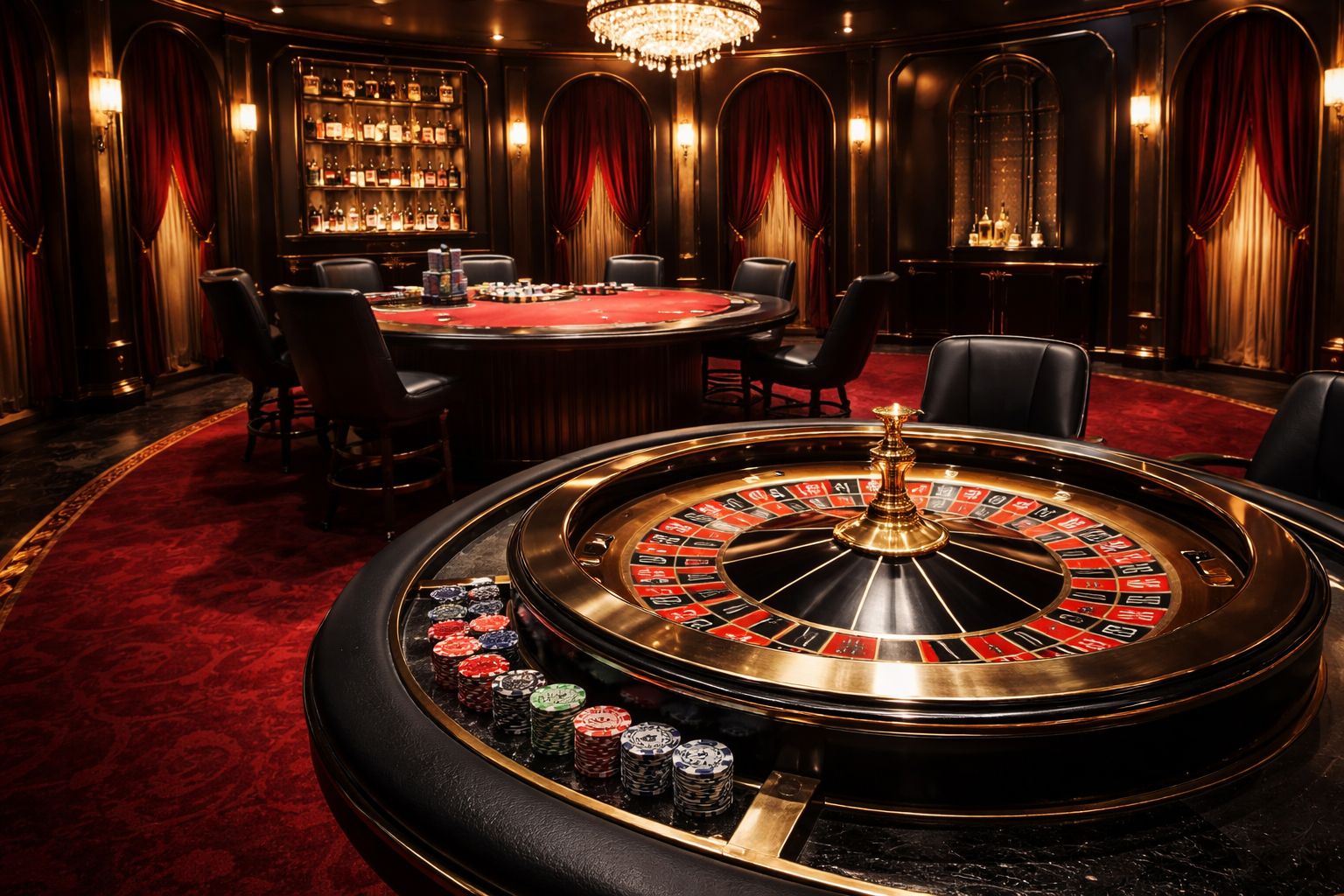 Un elegante set de mesa en vivo con cartas, elementos de ruleta y un ambiente premium de transmisión para JUEGA666.