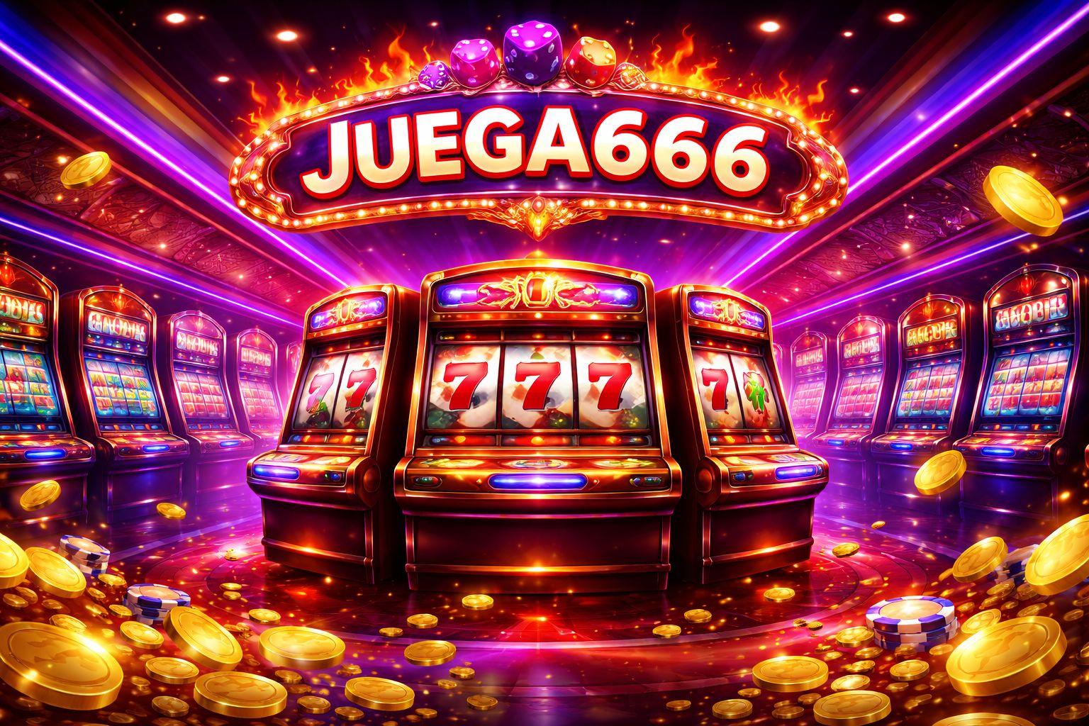Vestíbulo de tragamonedas JUEGA666 con carretes coloridos e interfaz de casino brillante